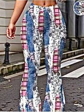 Patchwork High-Waist Flared Pants - Pink & Blue Print. Size L. NWT.
